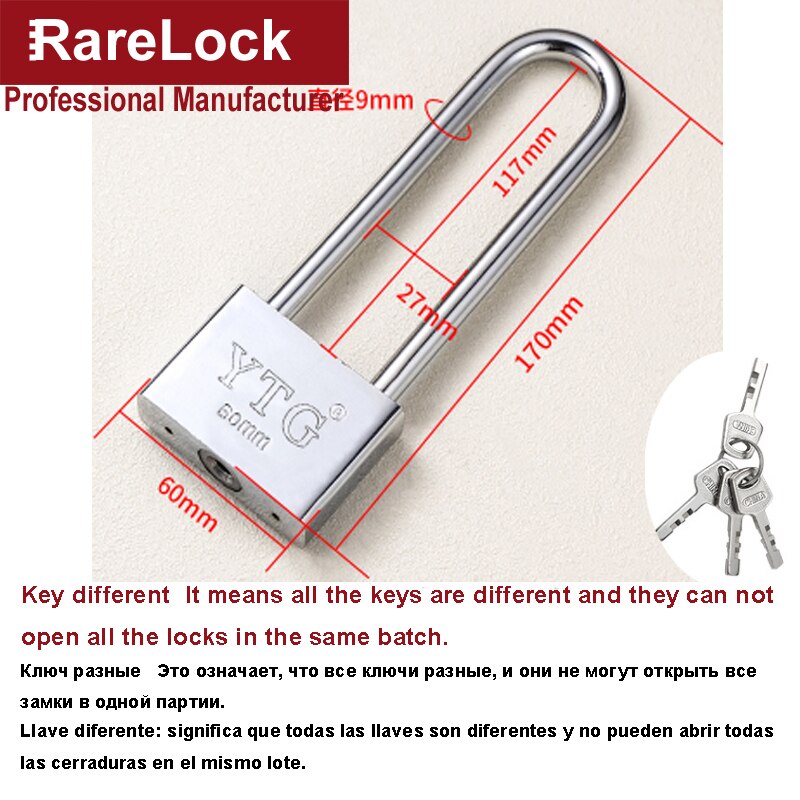 Long Handle Padlock Key Lock 30-70mm for Garden Gate Warehouse Bicycle Cabinet Shop Door Office DIY Rarelock MS463 h: 60mm Key different