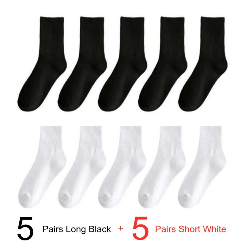 Calcetines clásicos de algodón 95% para mujer y hombre, medias largas y cortas de Color sólido, Color blanco y negro, 10 par/paquete: G