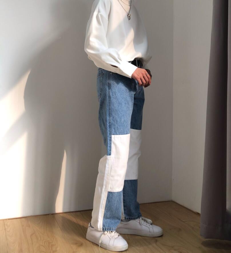IEFB / spring white blue color block patchwork Str... – Grandado