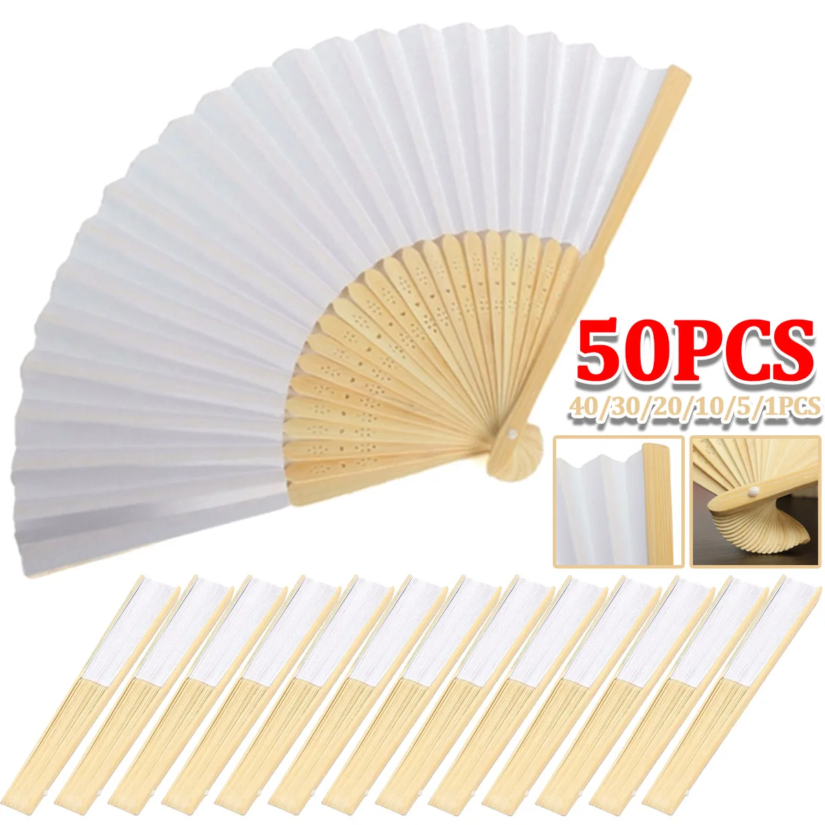 1-50pcs DIY Paper Bamboo Folding Fan Adults Children's Calligraphy Painting Practice Blank White Folding Fan Wedding