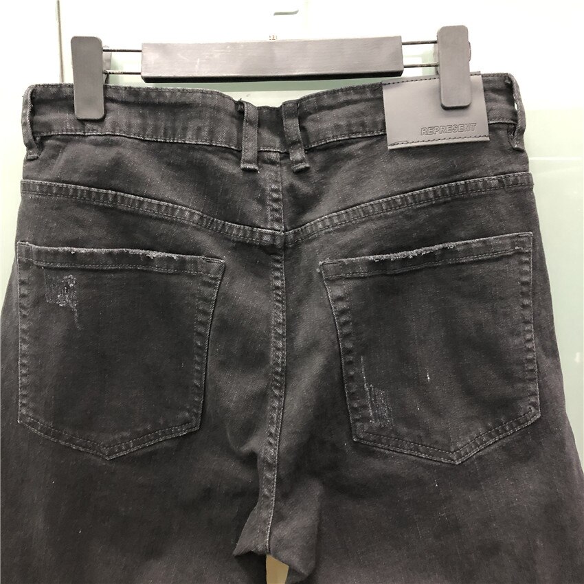 Repræsentere high street jeans mænd kvinder slidte patch stil repræsentere bukser 1:1 version jeans slim stretch pencil bukser