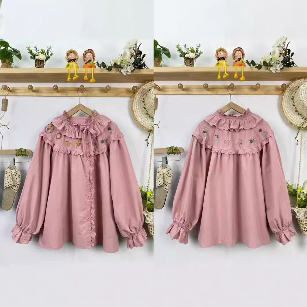 Spring Cotton Casual Long Sleeve Shirt Women Stand Neck Embroidery Top Girl Loose Sweet Blouses Summer T45852QM