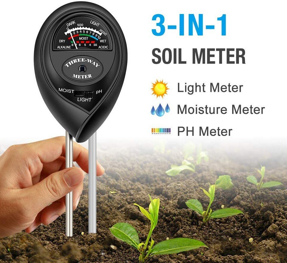 3- i -1 jord ph meter jordtestersæt fugt / lys / ph test jordfugtighedsmåler til haven gård græsplæne indendørs udendørs: Sort