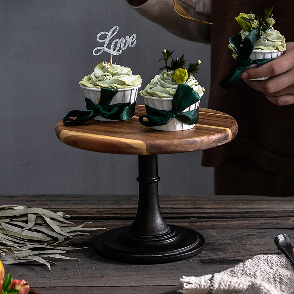 Support à gâteau en bois rustique, présentoir rond sur piédestal, décoratif d'anniversaire