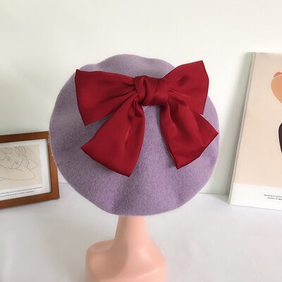 Béret en laine avec nœud papillon pour femme, chapeau avec motif de biscuits, de couleur unie, idéal pour l&#39;automne et l&#39;hiver: 010