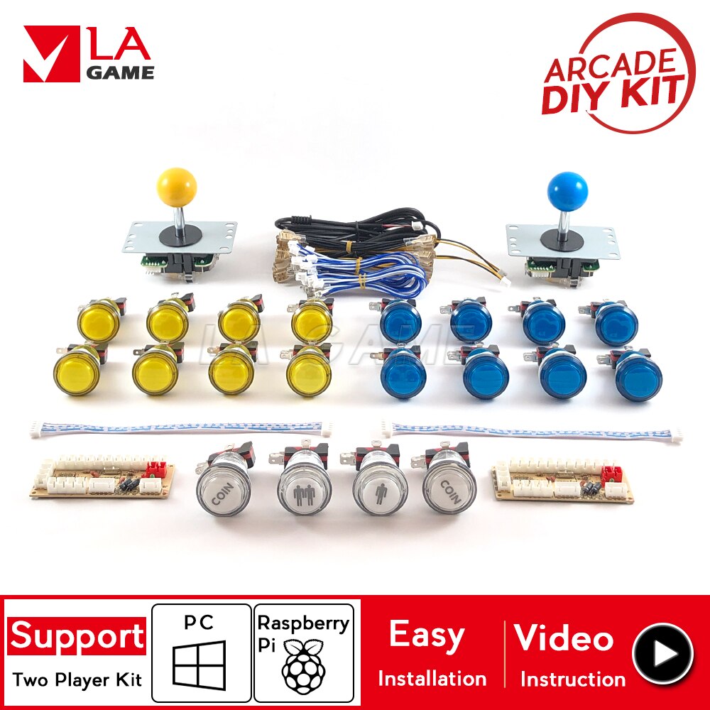 2 Speler Arcade Diy Nul Vertraging Encoder Om Pc Rasberry Pi Arcade Diy Kit Arcade Knoppen Led 8 Manier Joystick voor Mame Jamma Project: Blue and yellow