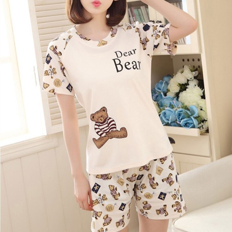 Women Cartoon Pajamas Short Sleeve Cotton Pyjamas Set Home Nightwear Sleepsuit