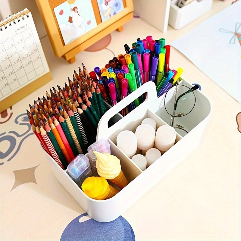 Cesta de almacenamiento de plástico con asa, caja de almacenamiento portátil para lápices y papelería, organizador de clasificación de escritorio con 5 compartimentos