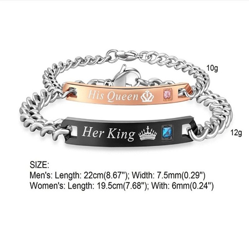 2 Style His Queen Her King Black Rose Gold Color Women's Male Chain Crystal Couple Bracelet for Men Femmo on Hands Jewelry