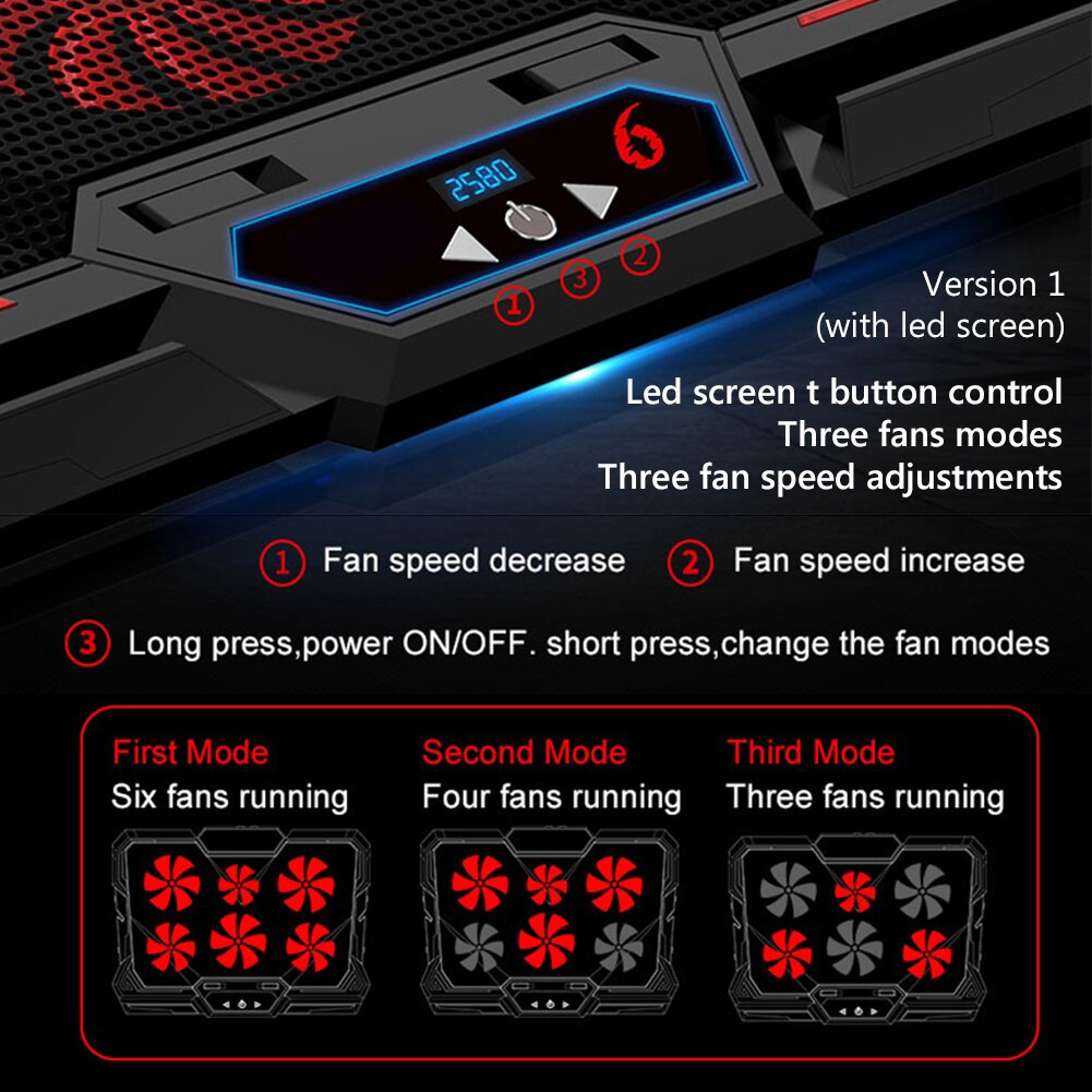 Gaming Laptop Cooler Six Fan Led Screen Two USB Port Laptop Cooling Pad Notebook Stand for Laptop for Gamer Home Office