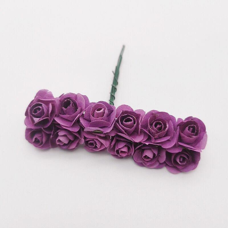 12 stk mini blomsterhode kunstig papir blomster rose brukt til bryllupsfest håndverk dekorasjon 19 farger: fuchsia