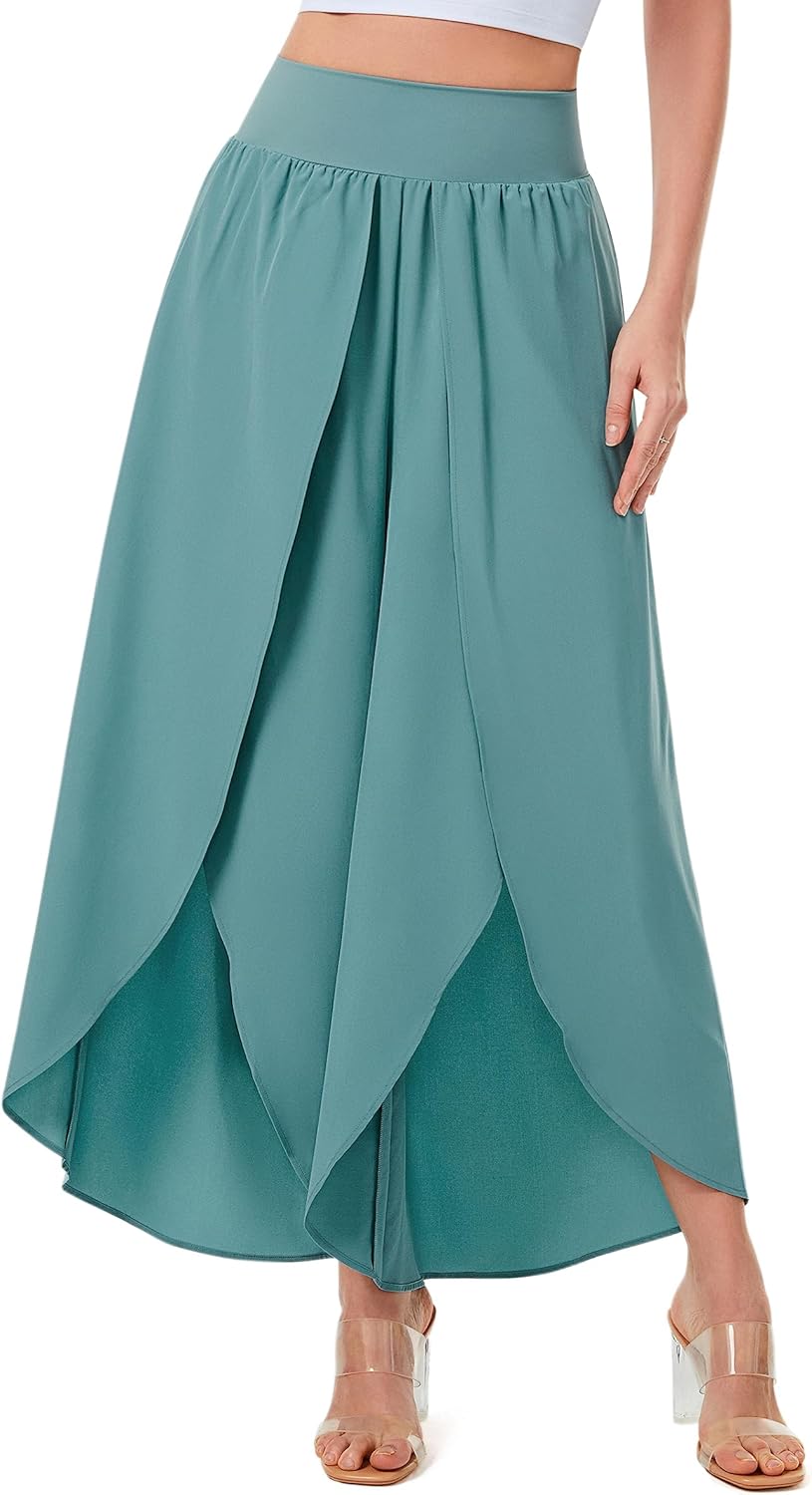 Pantalones de pierna ancha para mujer Split Flowy Palazzo Cintura alta Verano Playa Casual Crop con bolsillo: Marfíl