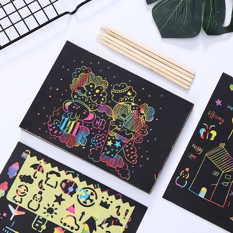 JULY'S SONG 50 Sheets Magic Color Rainbow Scratch Art Paper Card Set DIY Painting Toy with Graffiti Stencil for Drawing Stick