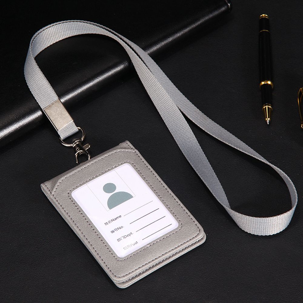 Leather Wallet Work Office Retractable Lanyard with Silica Gel Material ID Card Credit Card Badge Holder + Lanyard + 5 Slots: grey