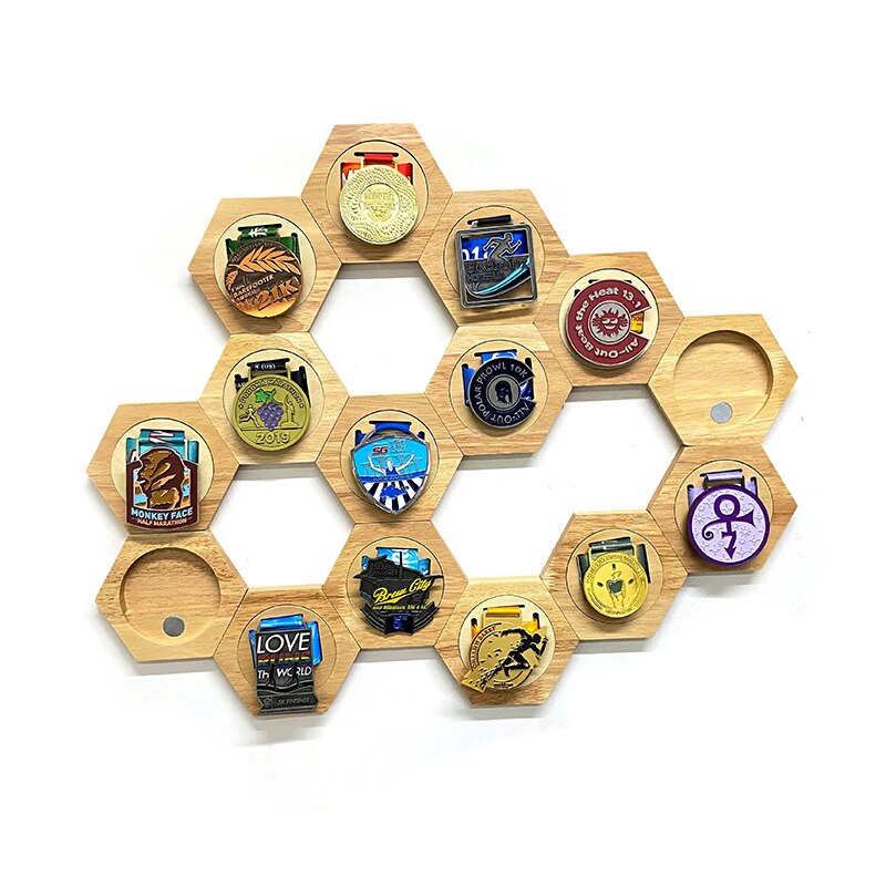 6Pcs Hexagon Medaille Display Rack Houten Medaille Opslag Planken Honingraat Medaille Houder Organizer Display Hanger Gratis Combinatie