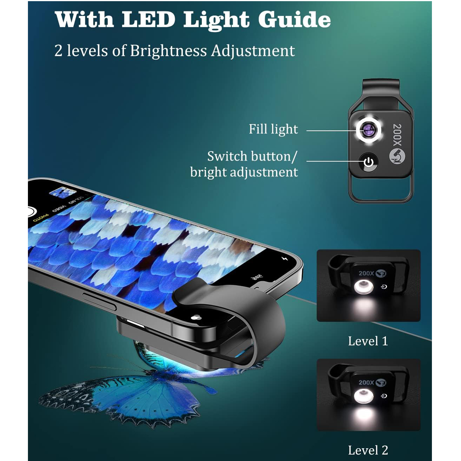 200X Phone Microscope with CPL Lens/LED Light/Universal Clip for iPhone/Andriod Phone To Enjoy Microworld for Kids and Adults