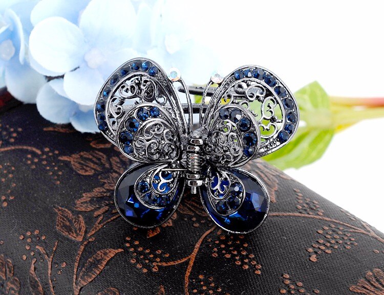 Vintage Rhinestone Butterfly Hair Claw Crab Crystal Embellished Medium Hair Clip Open Sides Hair Accessories For Women: blue