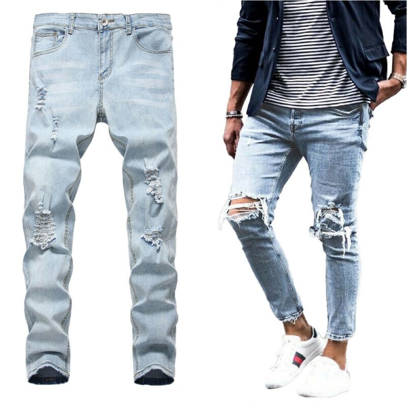 Mens Skinny Slim Fit Ripped Jeans Stretch Biker Distressed Casual Denim Pants