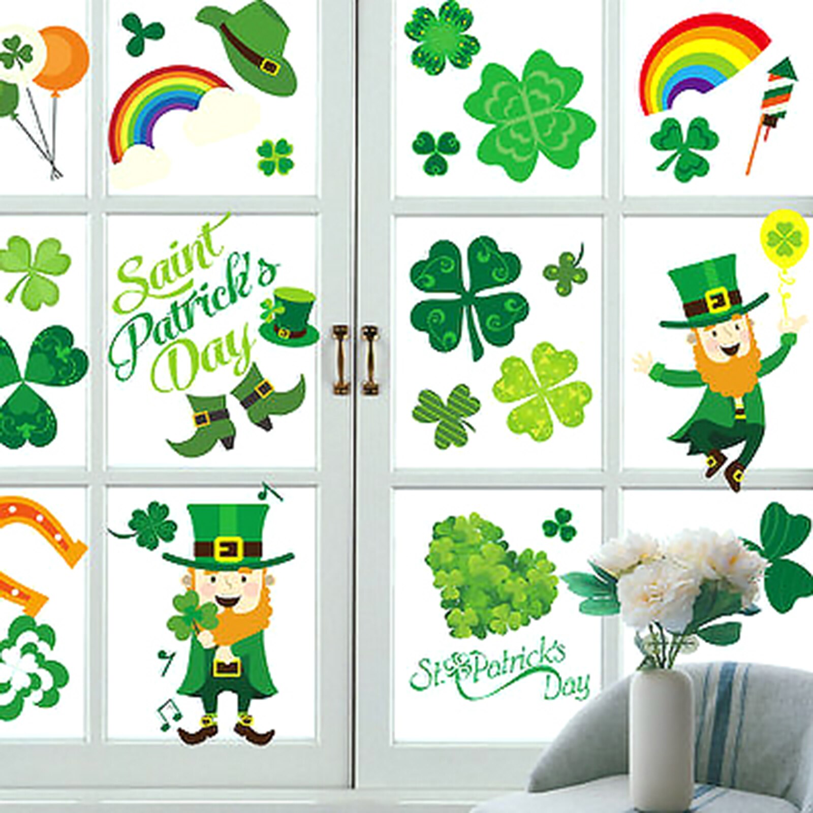 8pcs/Set St Patrick's Day Shamrock Decorations Wall Window Clings Decal Stickers Party Home Ornaments