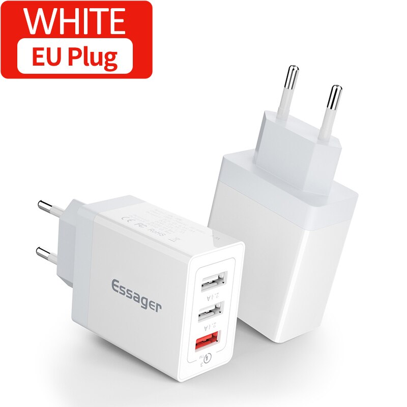 Essager 30W USB Charger QC3.0 QC 3.0 Fast Charging Multi Plug Mobile Phone Charger Wall Adapter For iPhone Samsung Xiaomi mi: EU Plug White