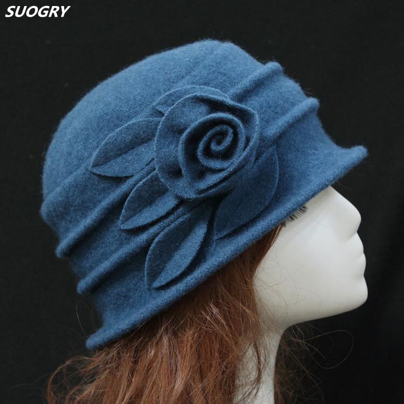 7 Colors Middle Aged Women Dome Fedora 100% Wool Hat Mom Hats For Autumn Winter Solid Floral Warm Floppy Hat Chapeau Femme