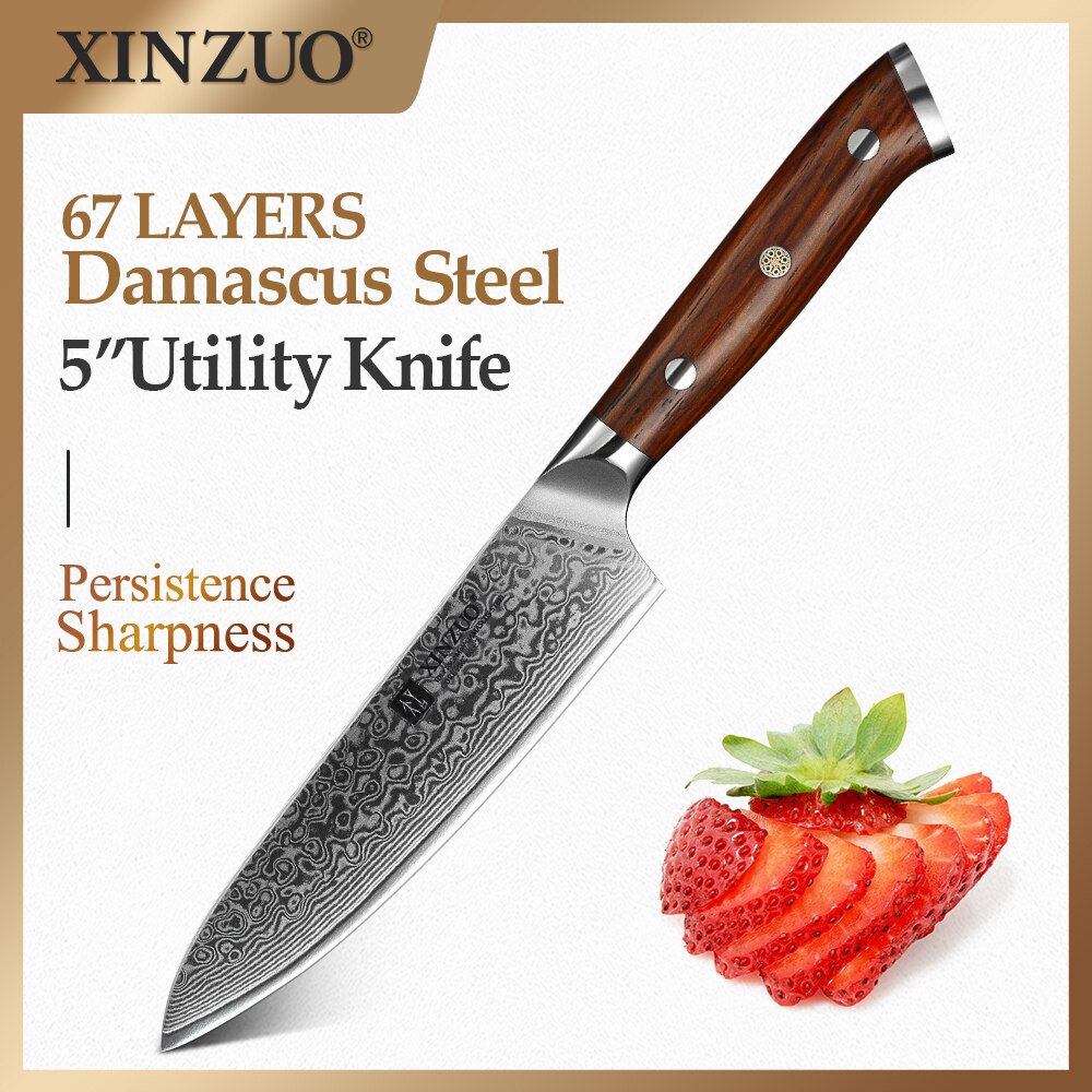 Xinzuo 5 inch universeel mes, japans damascusstaal, keukenmes, koksmessen, schilmessen, handvat van palissanderhout