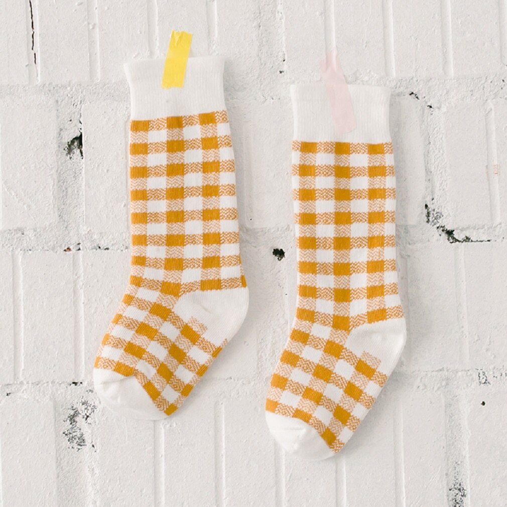 Peuter wintersok meisje geruit beenwarmers lange sokken kinderen kind kniekousen katoen: Geel / 8 jaar