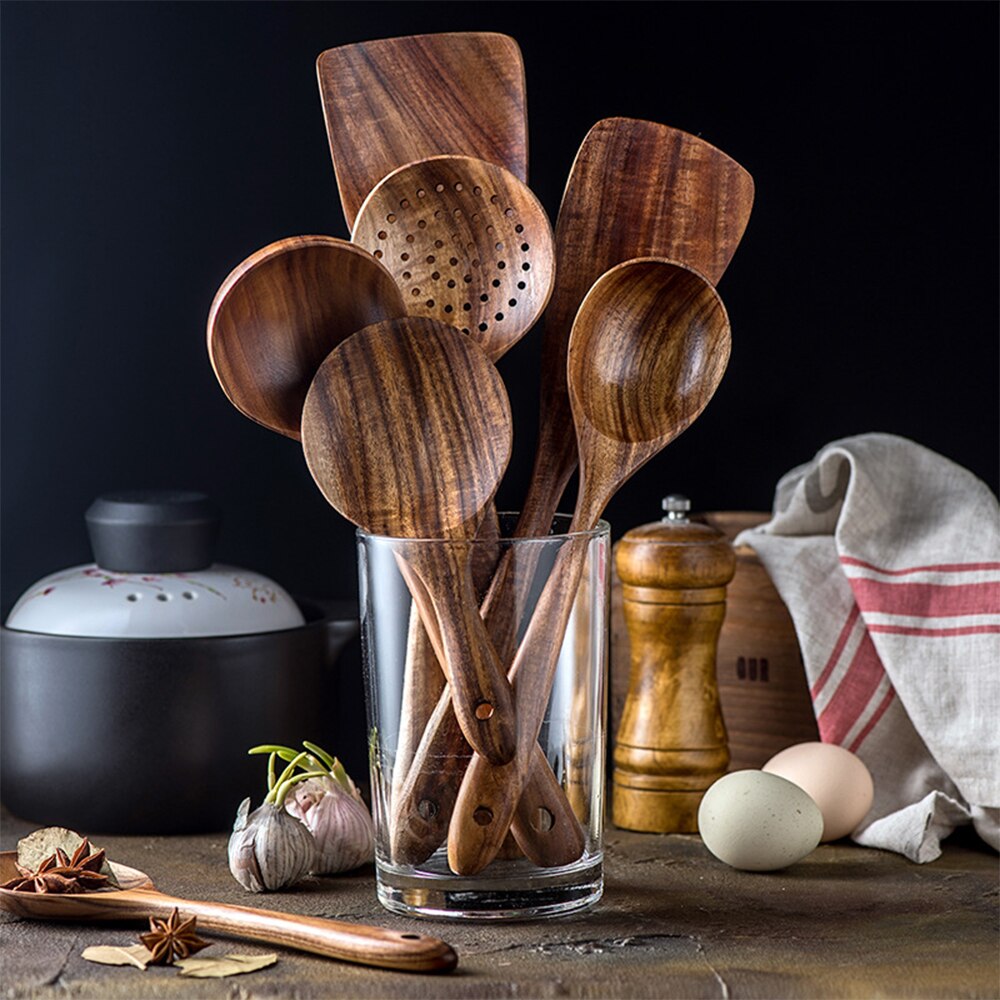 Teak Natürliche Holz Kochgeschirr Küche Utensilien Kochen Werkzeuge setzt Geschirr Geschirr Geschirr Löffel Schaufel Sieb Holz Bausatz