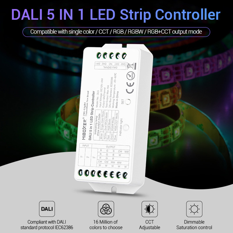 Miboxer DC12V-24V Dali 5 In 1 Led Strip Controller DL5 15A Dimmer Voor Enkele Kleur/Cct/Rgb/ rgbw/Rgb + Cct Led Strip Licht
