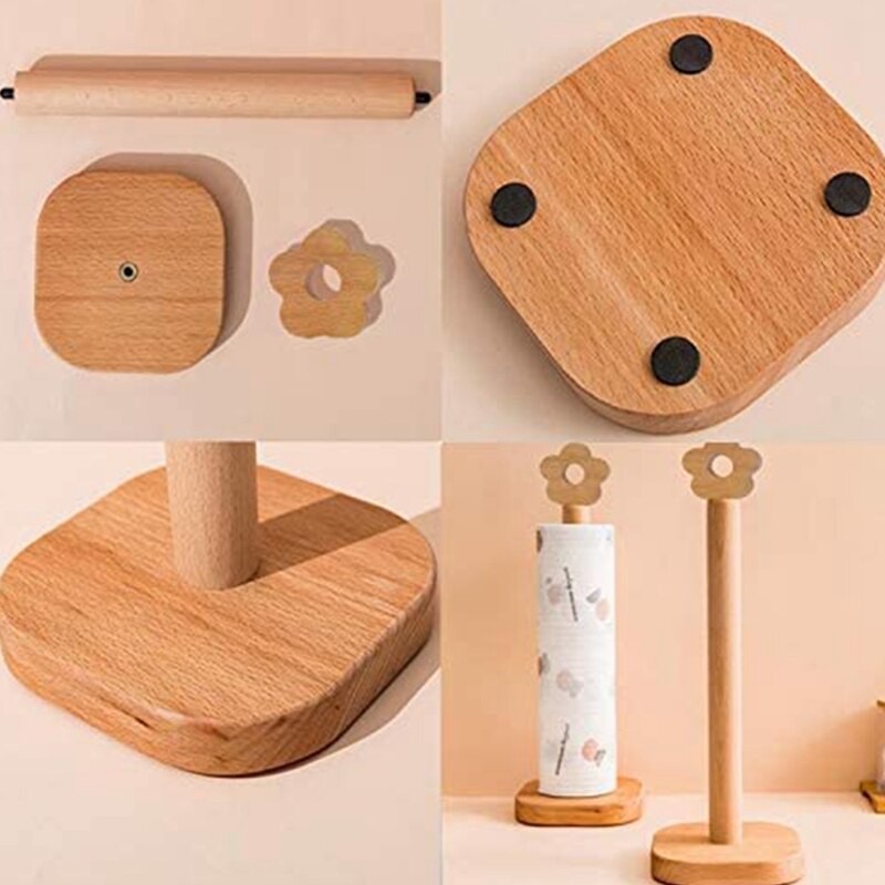 Beech Wood Paper Roll Holder Stand Natural Wood Paper Towel Holder for Kitchen Bathroom Living Room Flower