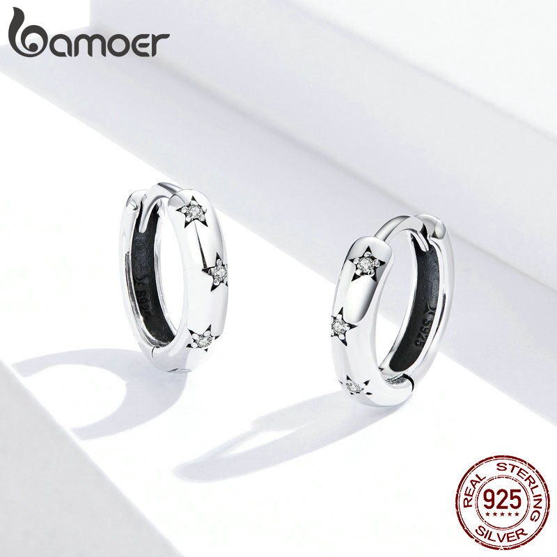 Bamoer Zilver 925 Sieraden Spraking Ster Minimalistische Oor Hoops Oorbellen Voor Vrouwen Sterling Zilveren Fijne Sieraden Pendientes SCE873