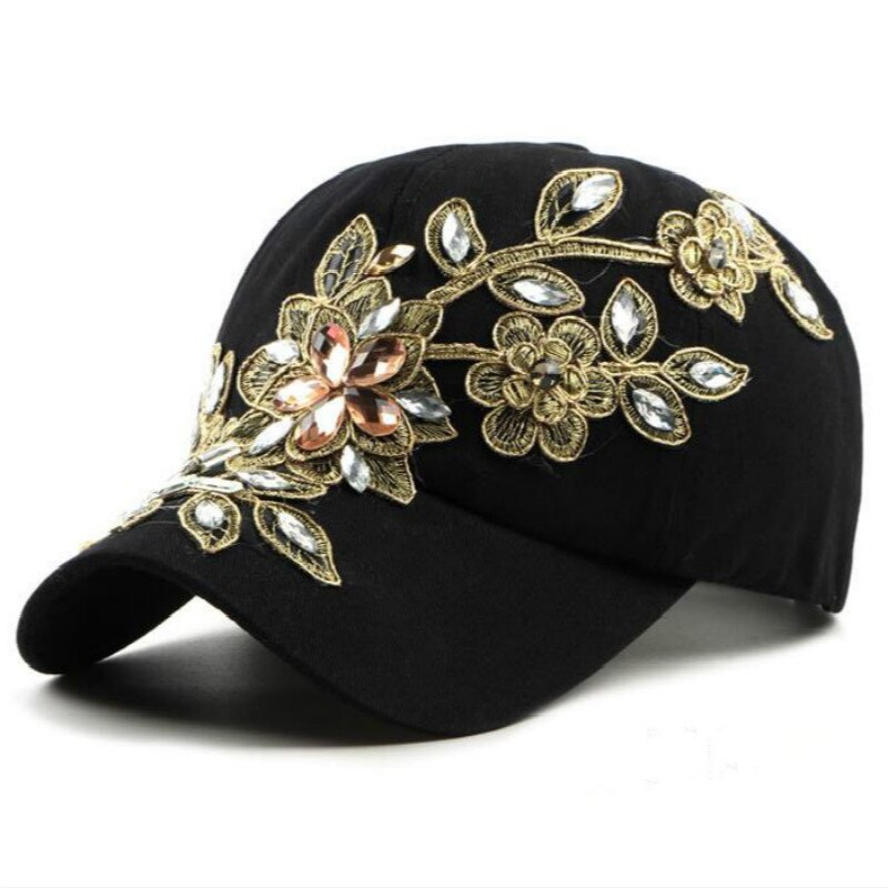 Qui sous la douche bling strass femmes casquette réglable fleur cristal femme snapback chapeau en plein air été casquette de baseball: Black