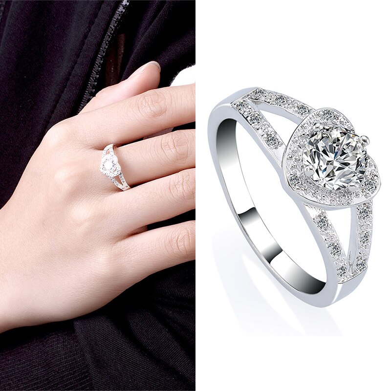 1PC Zilveren Crystal Heart Shaped Ringen Allergievrij Wedding Prachtige