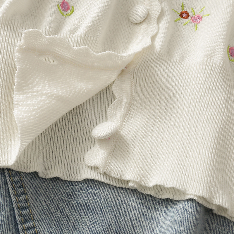 Retro søde broderede blomster strikket cardigan kvindelig v-hals kort slank slanketrøje