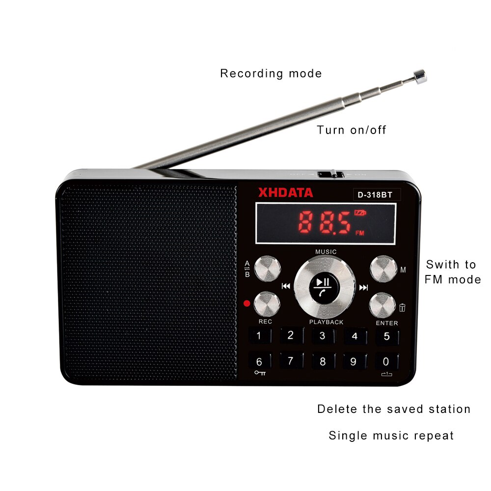 Xhdata D-318 bt fm rádio estéreo mini multifunções portátil receptor de rádio suporte chamadas telefone sem fio A-B bluetooth rádio