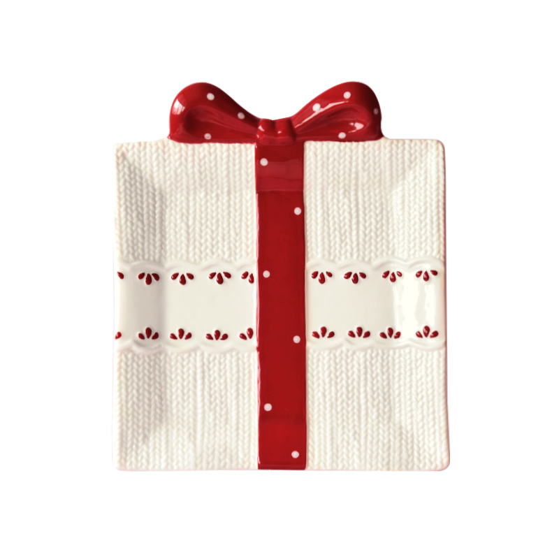 Nordic rectangular Christmas ceramic flat plate kitchen tableware embossed shallow plate western steak plate: S 14.6x15.8x3.1cm
