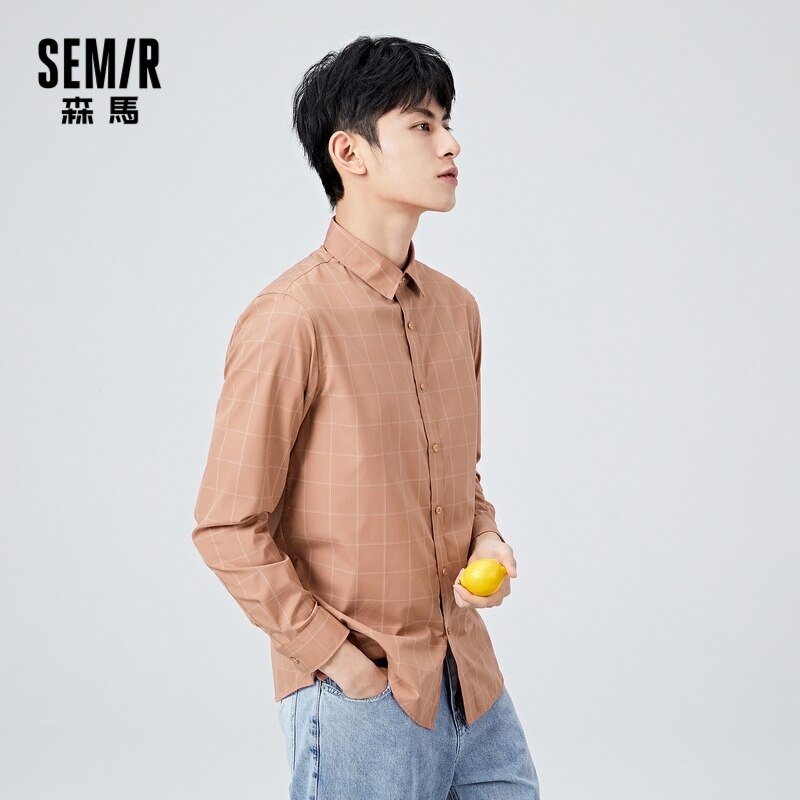 SEMIR Long Sleeve Shirt Men Contrast Color Plaid Lapel Shirts Men'S Spring Clothes For Inner And Outer Wear