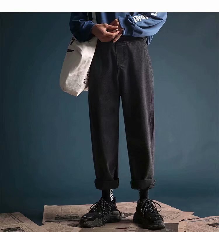 Män solida lösa jeans herr höst vida jeans byxor jeans man vintage raka ankellånga jeans plus storlek: Svart / 27