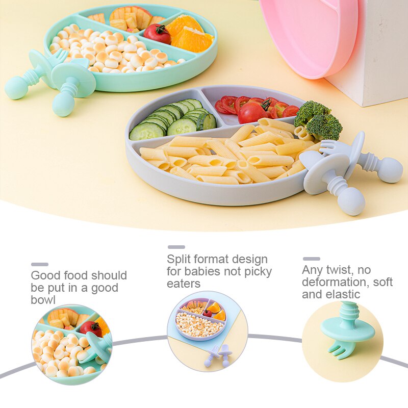 Solid Silicon Plate Set For Baby Kids Training Feeding Dinnerware Baby Learning Plate Set With Fork Spoon BPA Free
