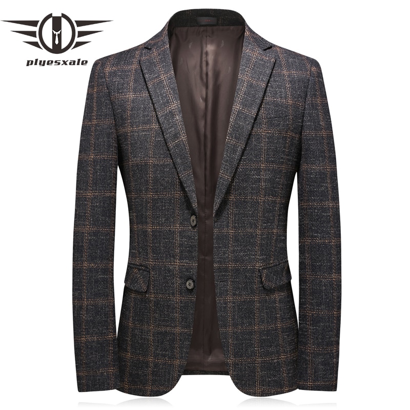 Plyesxale-Blazer de cuadros marrones para Hombre, traje informal de negocios, chaqueta ajustada, Q732, de otoño,