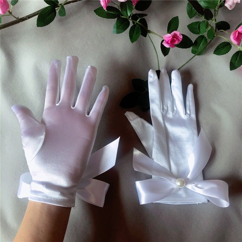 Gants De Mariée Longs Sans Doigts – Perles Et Nœud – Blanc – Taille Unique