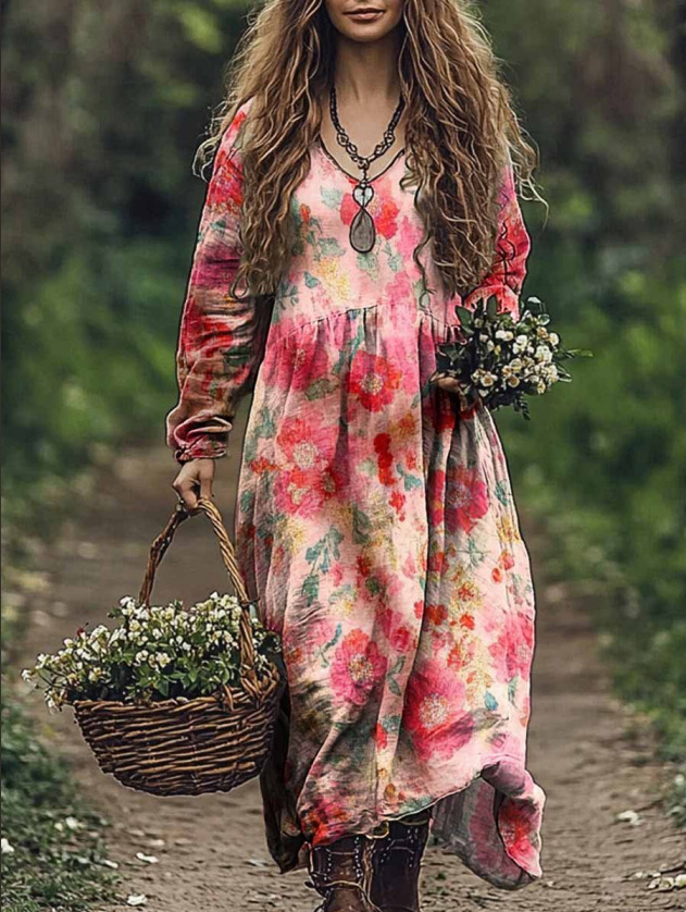 Casual Women's Printed Dress Spring Round Neck Long Sleeved Loose Geometric Pattern Printed Large Swing Dress For Women: XXL / Blue