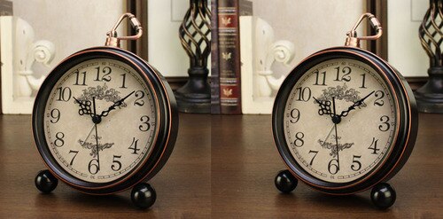 Small Retro Desk Clock Silent Metal Alarm Clock Bedroom Desktop Clock Roman Numerals Relogio Mesa Wrought Clocks AC50TC: Style6-2pcs