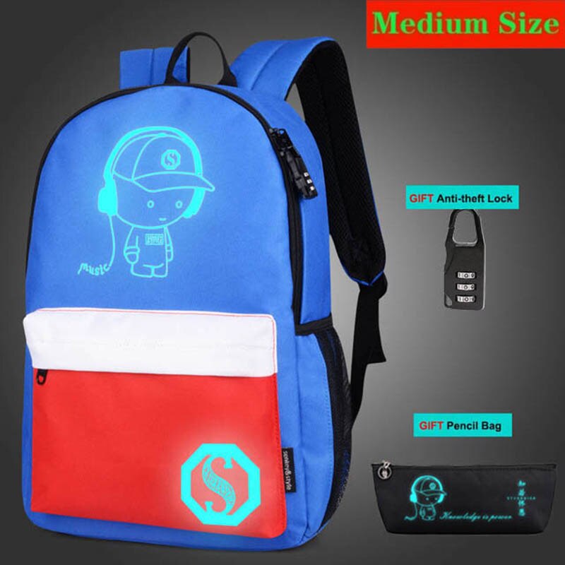 Anti-diefstal tas lichtgevende schooltassen voor jongens meisjes student school rugzak mochila met usb oplaadpoort slot schooltas: Stijl 4 middelgrote maat