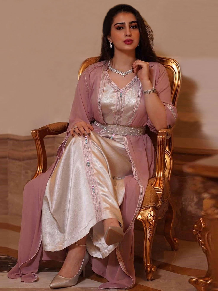 Twee Stukken Abaya Set Vrouwen Vest Lange Jurk Met Chiffon Bovenkleding Mubarak Eid Moslim Marokkaanse Caftan Arabische Oman Dubai Jalabiya: S / Roze