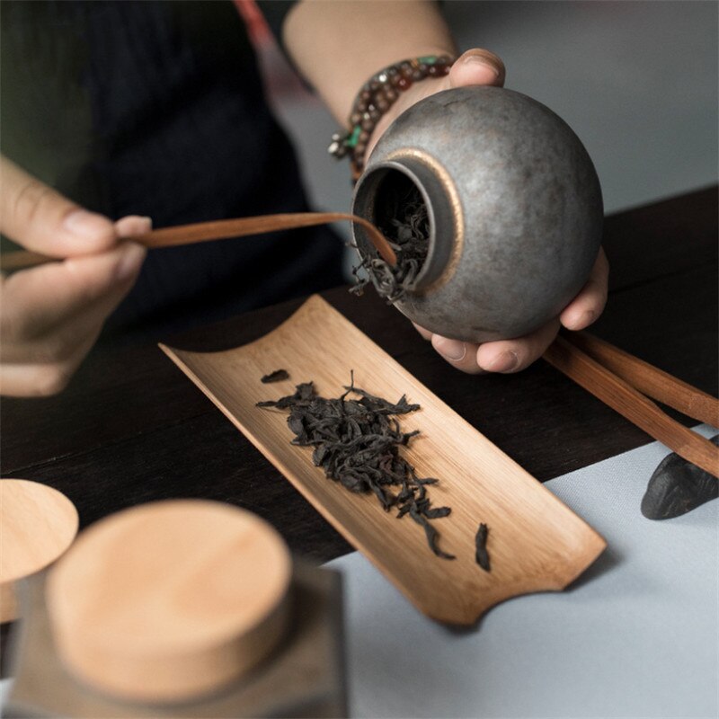 Ceramic Handmade Tea Caddy Coarse Pottery Geometric Sealed Storage Jar with Wood Cover Food Container Tea Ceremony