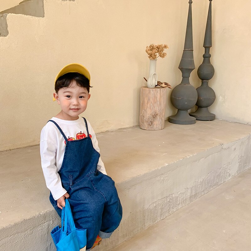 Jesień 2020 moda chłopcy luźny dżins kombinezony dzieci ponadgabarytowych spodnie na szelkach
