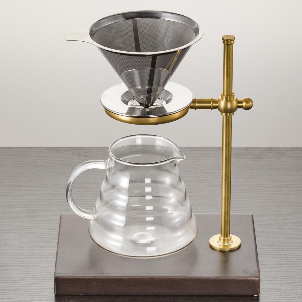 Rvs Cone Koffie Druppelaar Dubbele Laag Mesh Koffie Filters Koper & Hout Koffie Filter Houder Stand Koffie Accessoires