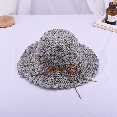 Ymsaid, sombrero redondo de verano para mujer, sombreros de paja de ala ancha tejidos a mano, gorras de Sol de para mujer, sombrero plegable de playa bohemio: gray
