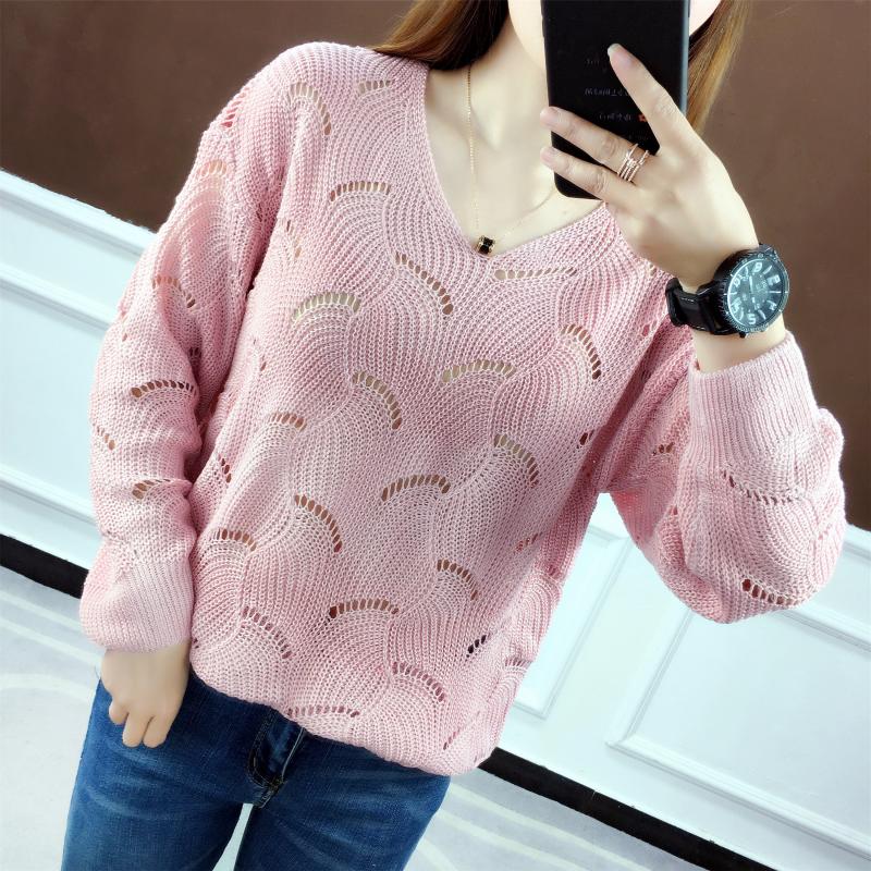 Suéter fino de verano para mujer, informal, liso, con agujeros, manga larga, cuello en v, prendas de punto sueltas, suéteres de punto